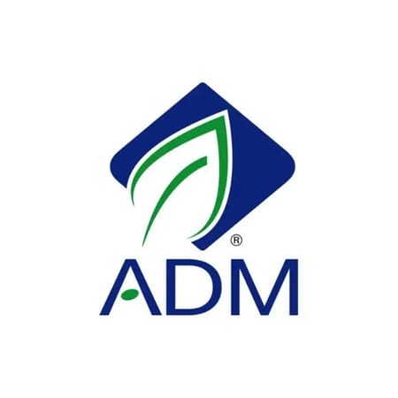 ADM logo with a blue and green design on a white background