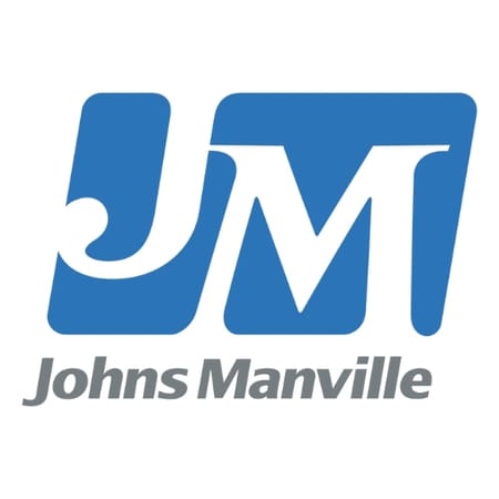 Johns Manville logo with blue and white design on a gray background