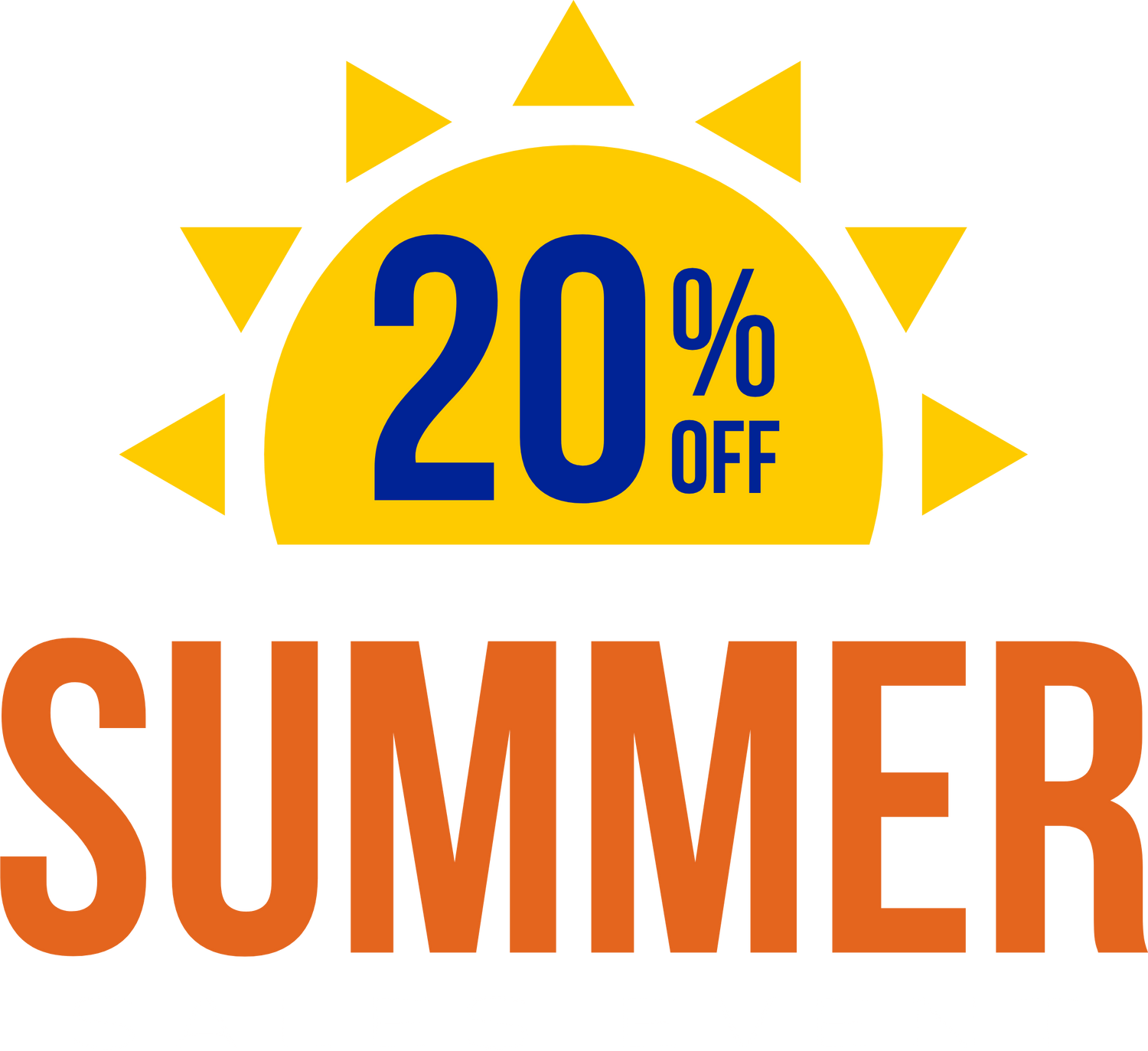 A promotional graphic with a yellow sun with the text '20% OFF' in blue and 'SUMMER' in orange.