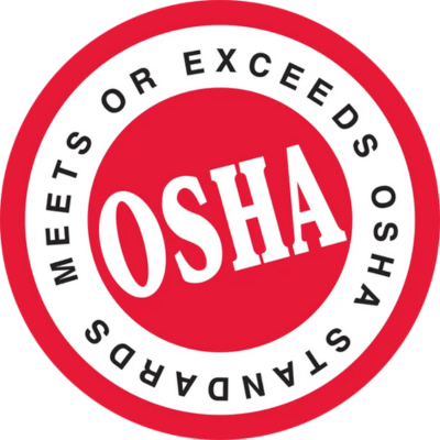 OSHA logo with text 'Meets or Exceeds OSHA Standards' on a red background