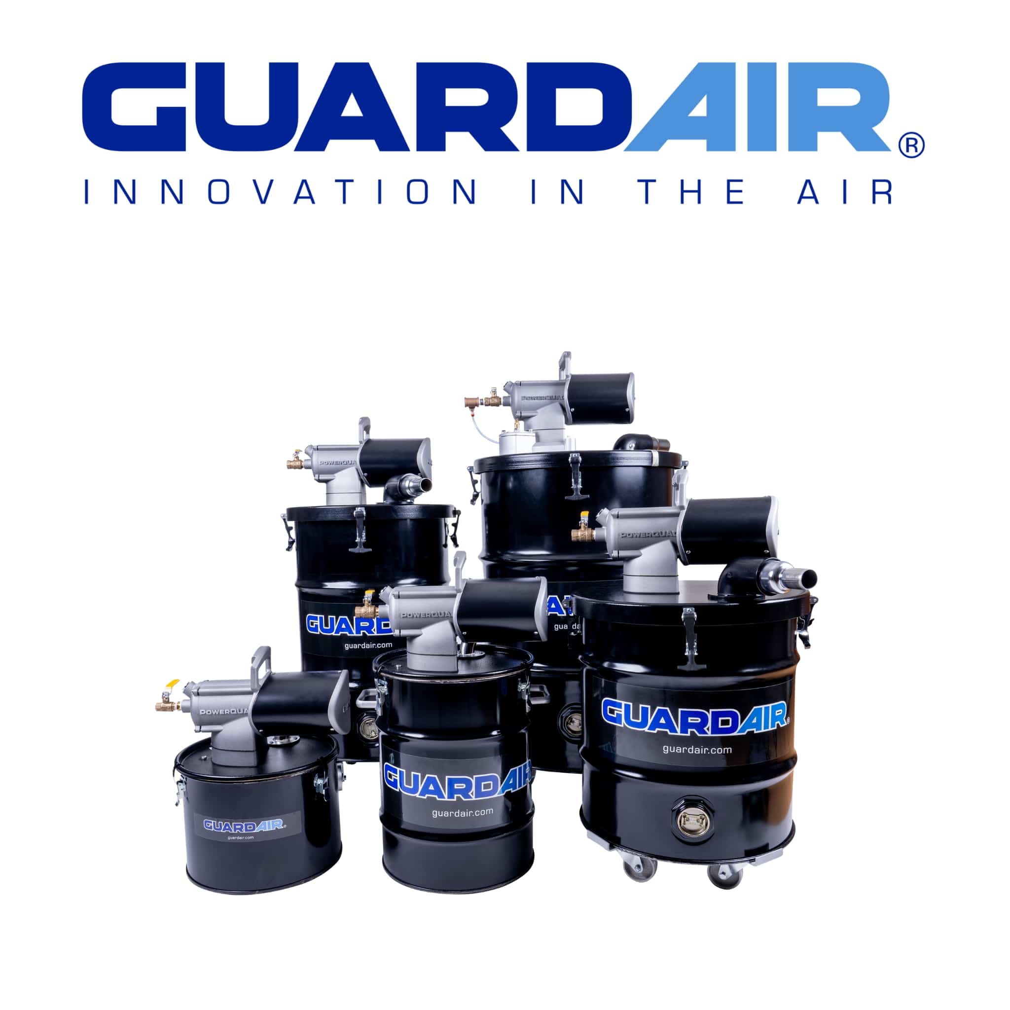 Guardair Innovation in the Air Logo + PowerQUAD Vacuums